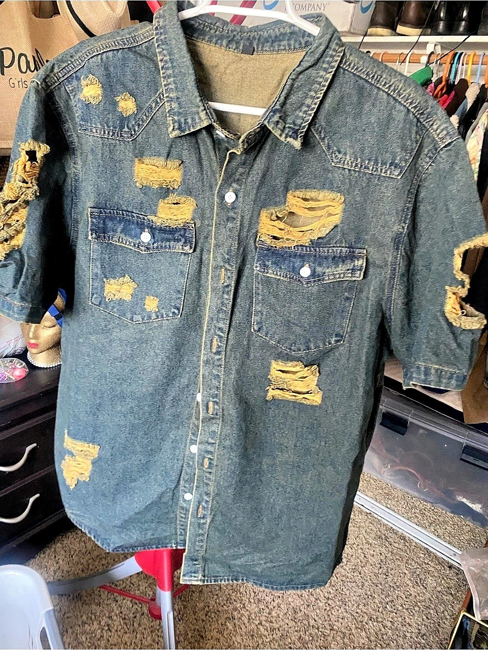 Men’s Distressed Denim Button Down Shirt in Blue